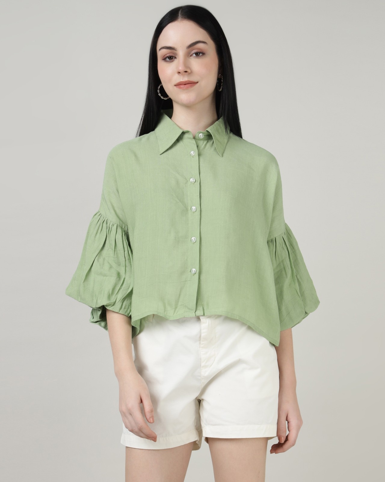 Green Linen Bell Sleeve Shirt